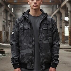 CSG Champs Sports‎ Gear Jacket Mens L Black Camo Military Hooded Full Zip Bomber